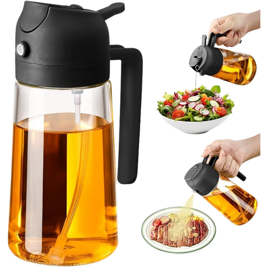 Olive Oil Sprayer for Cooking – 2-in-1 470ml Glass Oil Dispenser & Pour Bottle, Kitchen Gadget for Air Fryer, Salad, BBQ, and Everyday Cooking (Black)