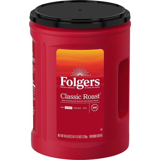 Folgers Classic Medium Roast Ground Coffee – Rich & Smooth Flavor, AromaSeal Canister, Kosher, 43.5 oz