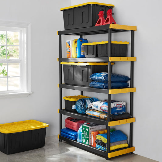 Member’s Mark 27‑Gallon Heavy‑Duty Black & Yellow Storage Tote – Stackable, Lockable with Snap-Tight Lid (20.6″D × 30.6″W × 14.3″H)