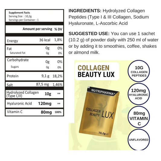 Collagen Beauty Lux, Hydrolyzed Collagen Peptides Powder for Women & Men, Promotes Hair, Nail, Skin,Unflavored Collagen Powder with Hyaluronic Acid and Vitamin C, 1 Serving, 0,36 oz