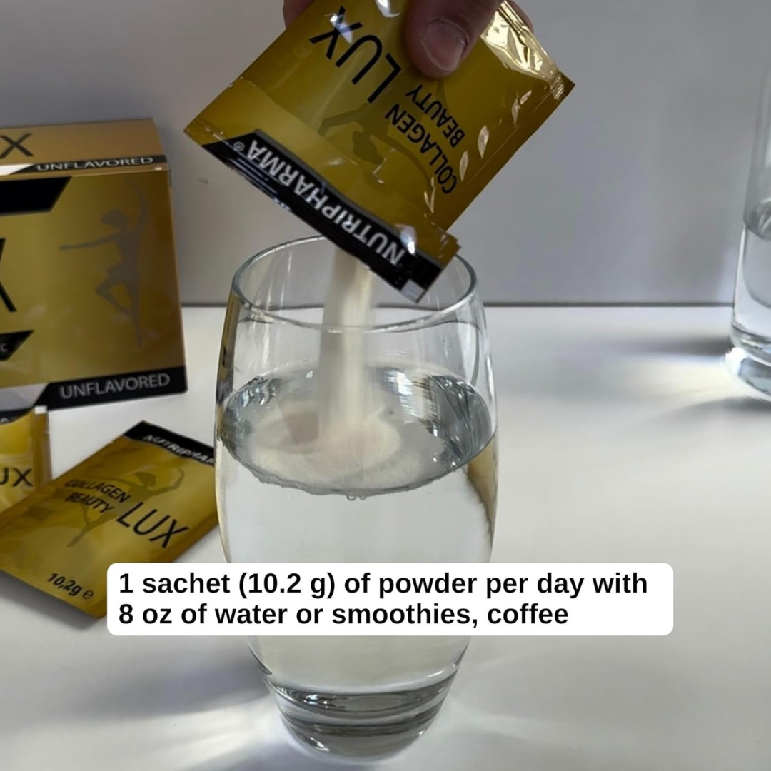 Collagen Beauty Lux, Hydrolyzed Collagen Peptides Powder for Women & Men, Promotes Hair, Nail, Skin,Unflavored Collagen Powder with Hyaluronic Acid and Vitamin C, 1 Serving, 0,36 oz