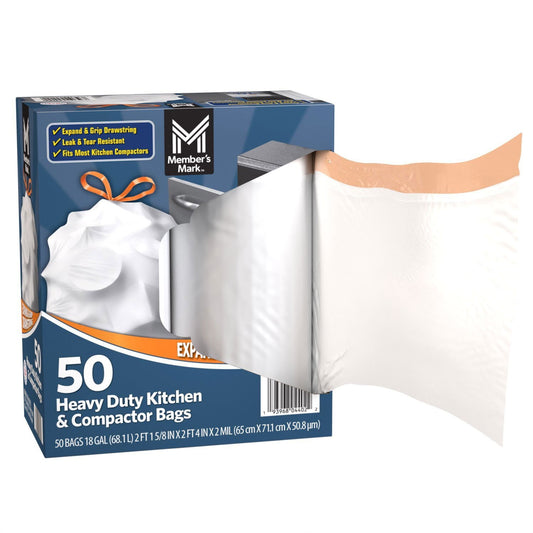 Member’s Mark Heavy‑Duty 18 Gallon Kitchen & Compactor Trash Bags – 2 Mil Thick, Leak & Tear Resistant, Drawstring Grip, 50‑Count Box