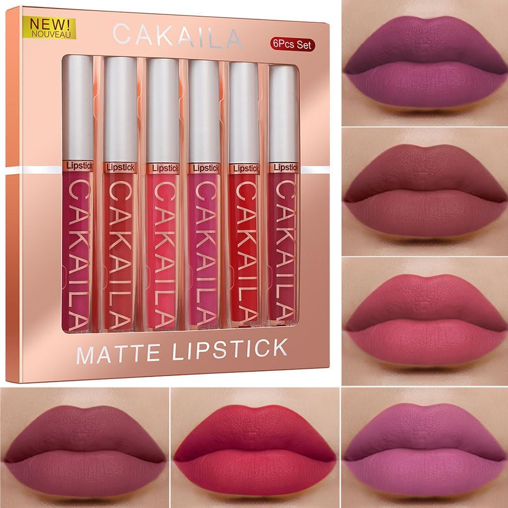 CAKAILA 6-Color Lip Gloss Lipstick Set – Liquid Matte Velvet Finish Long-Lasting Waterproof Non-Stick Cup Non-Fade