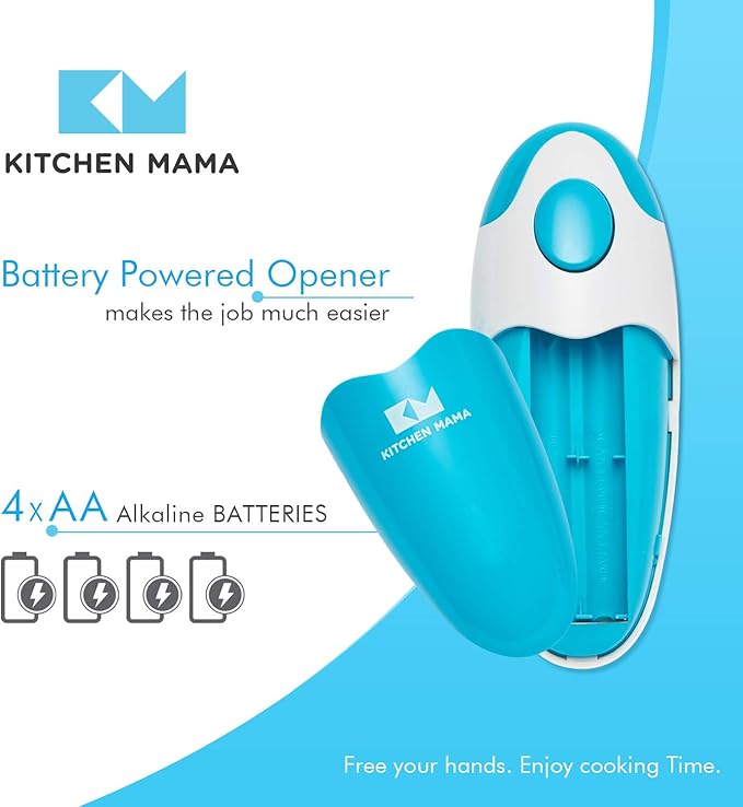 Kitchen Mama Auto Electric Can Opener – Cordless, Battery-Operated, One-Touch with Smooth Edge Lid Removal (Sky Blue)