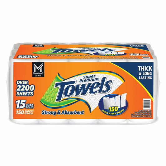 Member’s Mark Select & Tear Super Premium 2‑Ply Paper Towels – 15 Mega Rolls (150 Sheets/Roll, 11″×6″), Thick & Highly Absorbent