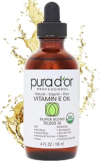 PURA D'OR 4 Oz ORGANIC Vitamin E Oil Blend 70,000 IU - 100% Natural Hexane Free, Sweet Almond, Apricot, Jojoba, Argan, Rosehip, Sunflower & Avocado Bath Oil For Scars, Skin, Face & Full Body
