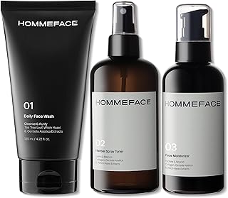 HommeFace Men’s Daily Trio 3-Step Daily Routine Set with Face Wash, Herbal Spray Toner & Moisturizer - Korean Skincare Technology with CICA, Tea Tree Leaf & Witch Hazel Extracts, for All Skin Types