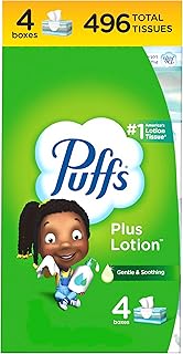 Puffs Plus Lotion Facial Tissues, 4 Family Boxes, 124 tissues per box