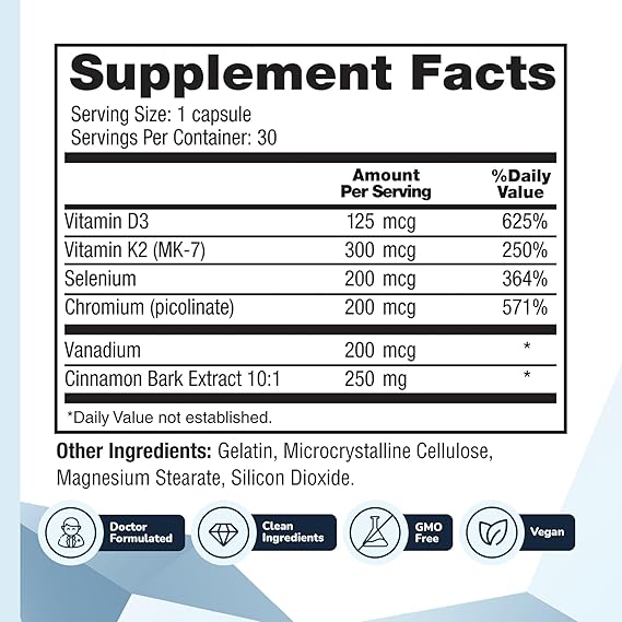CinnaChroma Cinnamon Supplement – 30 Capsules – 10:1 Extract with Chromium, Vanadium, Selenium, Vitamin D3 & K2 – Natural Blood Sugar Support & Sugar Blocker – 1 Month Supply