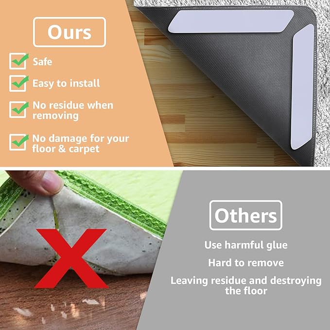 ZONGOOL 12 PCS Rug Tape – Reusable Washable Rug Grippers, Double-Sided Non-Slip Pads for Hardwood Floors, Carpet Stoppers to Prevent Sliding (White)