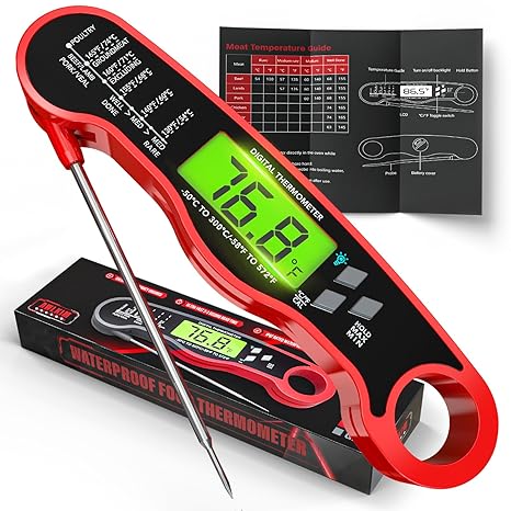 AWLKIM® Digital Meat Thermometer – Instant Read Waterproof Food Thermometer with Backlight & Hold Function, Red