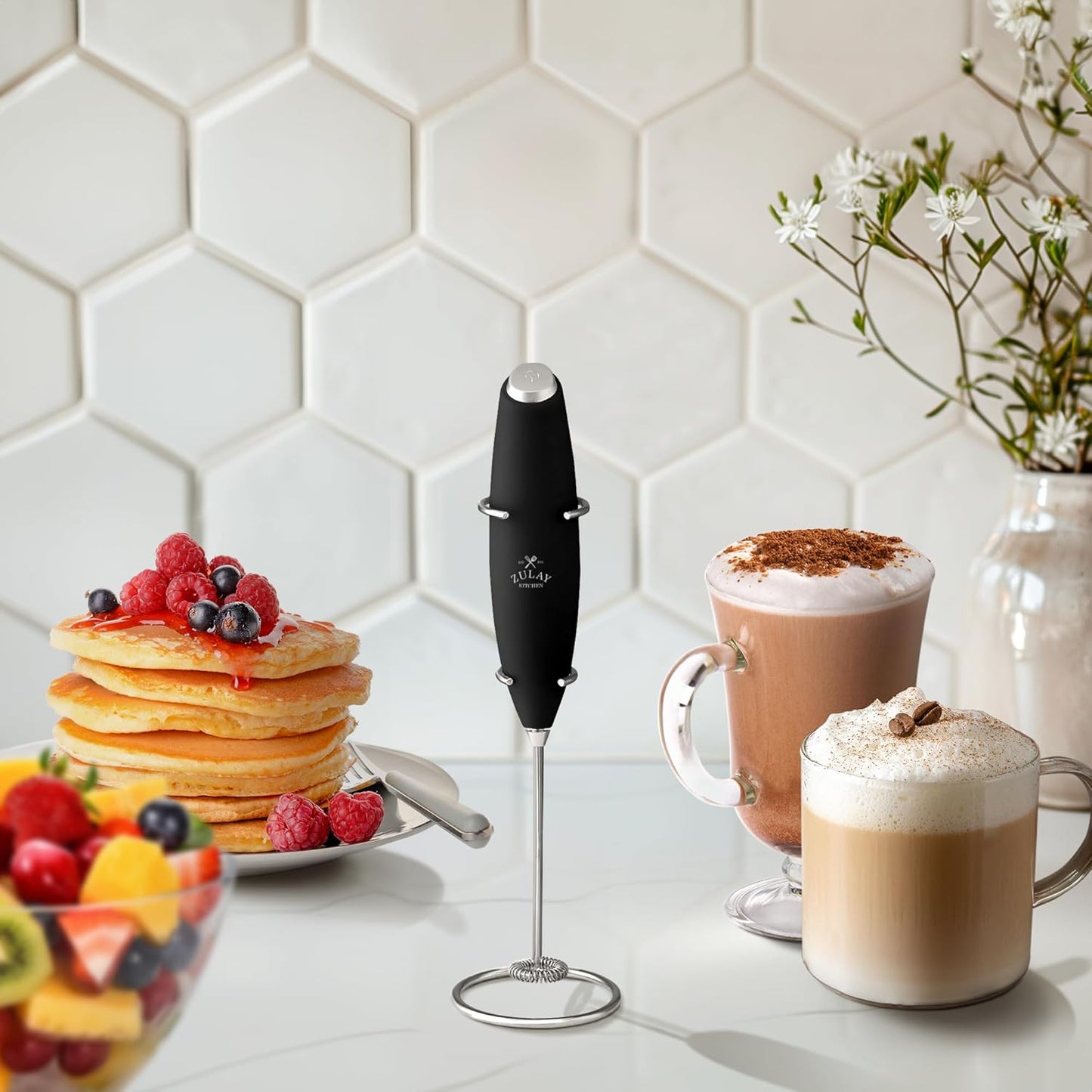 Zulay Kitchen Powerful Milk Frother Wand with 2 Duracell Batteries – Ultra-Fast Handheld Electric Whisk for Coffee, Lattes, Cappuccino, Matcha & Hot Chocolate (Black)