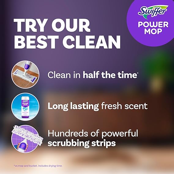 Swiffer PowerMop Multi-Surface Mop Kit – Includes PowerMop, 2 Mopping Pad Refills, 1 Floor Cleaning Solution with Fresh Scent & 2 Batteries