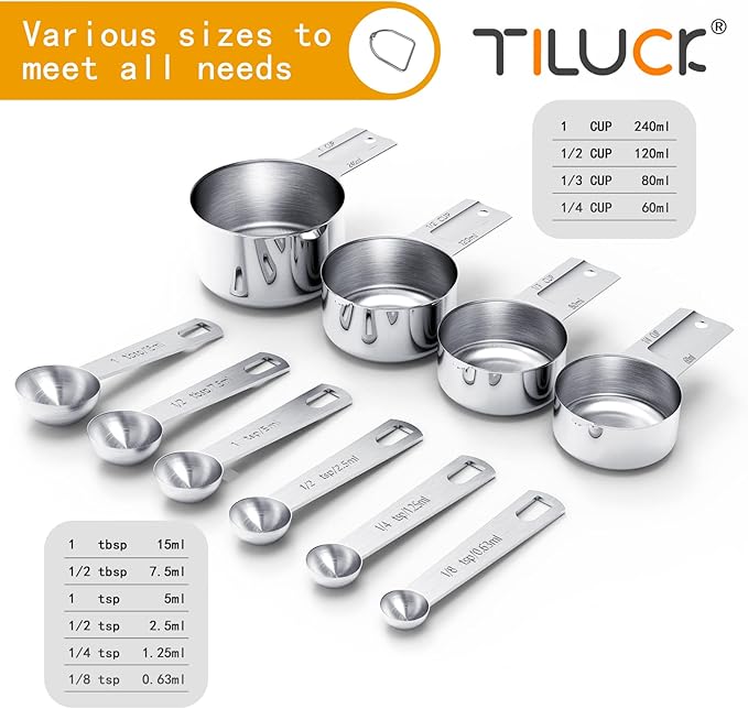 TILUCK 10‑Piece Stainless Steel Measuring Cups & Spoons Set – 4 Cups + 6 Spoons, Engraved Sizes, Stackable & Dishwasher Safe