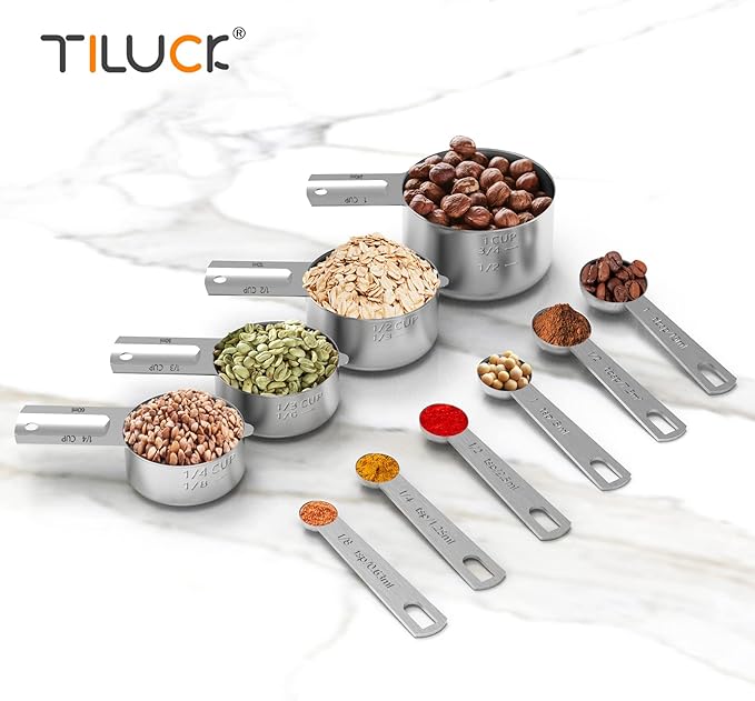 TILUCK 10‑Piece Stainless Steel Measuring Cups & Spoons Set – 4 Cups + 6 Spoons, Engraved Sizes, Stackable & Dishwasher Safe
