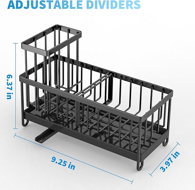 Cisily Black Sponge Holder & Sink Caddy – Stainless Steel 304 Rust‑Resistant Organizer with High Brush Holder, Drip Tray & Soap Dispenser Section