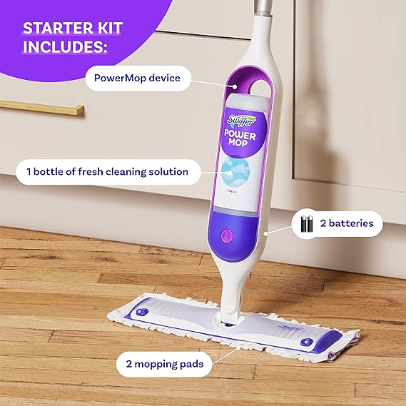Swiffer PowerMop Multi-Surface Mop Kit – Includes PowerMop, 2 Mopping Pad Refills, 1 Floor Cleaning Solution with Fresh Scent & 2 Batteries