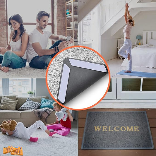 ZONGOOL 12 PCS Rug Tape – Reusable Washable Rug Grippers, Double-Sided Non-Slip Pads for Hardwood Floors, Carpet Stoppers to Prevent Sliding (White)