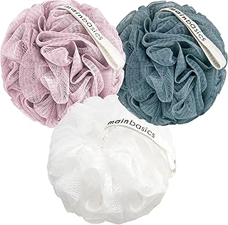 MainBasics Bath Shower Loofah Sponge Pouf Body Scrubber Exfoliator Body Wash Sponge (Set of 3, Airy Blossom)