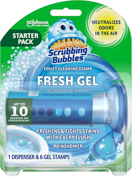 Scrubbing Bubbles Fresh Gel Toilet Bowl Cleaning Stamps – Rainshower Scent, 1 Dispenser with 6 Gel Stamps