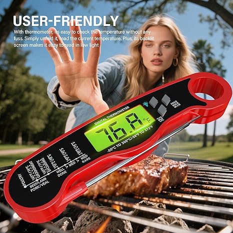 AWLKIM® Digital Meat Thermometer – Instant Read Waterproof Food Thermometer with Backlight & Hold Function, Red
