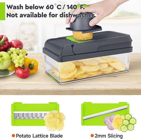 12‑in‑1 Vegetable Chopper & Food Slicer – 7 Stainless‑Steel Blades with Container, Cheese Grater & Hand Guard (Green / Grey)