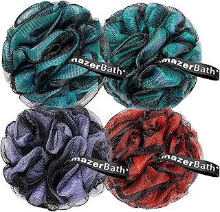 AmazerBath Charcoal Loofah Sponge, Shower Loofah 60g/PCS - Body Scrubber Loofa Set of 4 - Charcoal Blue, Green, Purple & Red, Bath Sponge for Men and Women