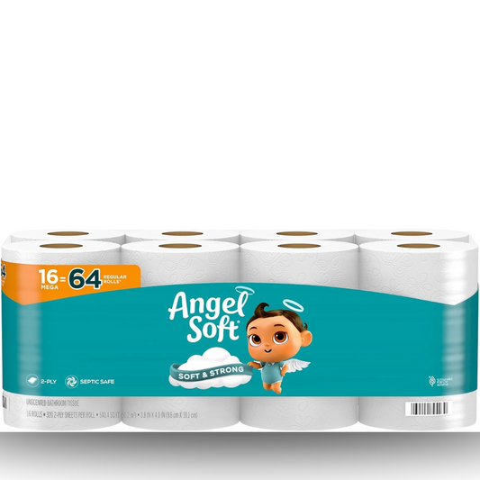 Angel Soft Toilet Paper, 16 Mega Rolls = 64 Regular Rolls – Soft & Strong 2-Ply Toilet Tissue for Everyday Comfort