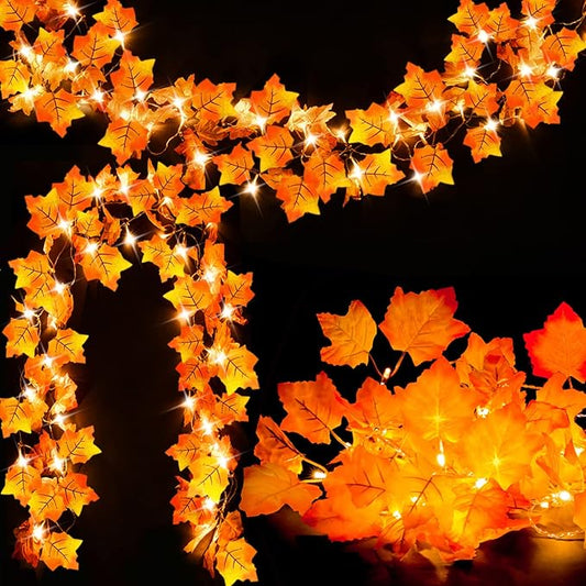 2-Pack Lighted Fall Garland, 16.4 ft (40 LED) Autumn & Thanksgiving String Lights Decor for Porch, Mantel, Friendsgiving Gift