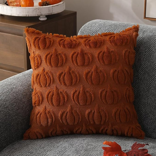 DFXSZ Fall Throw Pillow Covers 2-Pack – 18″×18″ Rustic Pumpkin & Autumn Faux Fur Wool Blend Cushion Covers for Sofa, Bedroom & Living Room Decor