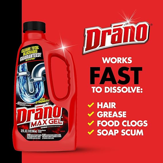 Drano Max Gel Drain Clog Remover & Cleaner – 32 oz Powerful Gel Formula for Shower, Sink & Household Drains – Unclogs Hair, Soap Scum & Blockages