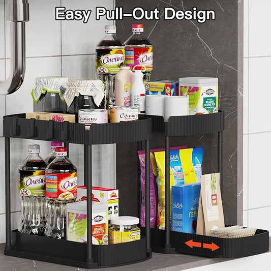2 Pack Multi-Purpose Pull-Out Storage Organizers – 12.8 in, Black | Under-Sink & Cabinet Storage Solution