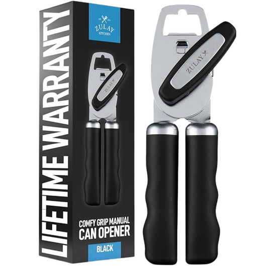 Zulay Kitchen Heavy-Duty Stainless Steel Can Opener with Bottle Opener — Soft-Grip Handles, Smooth Turn Knob, Rust-Proof Finish (Black)