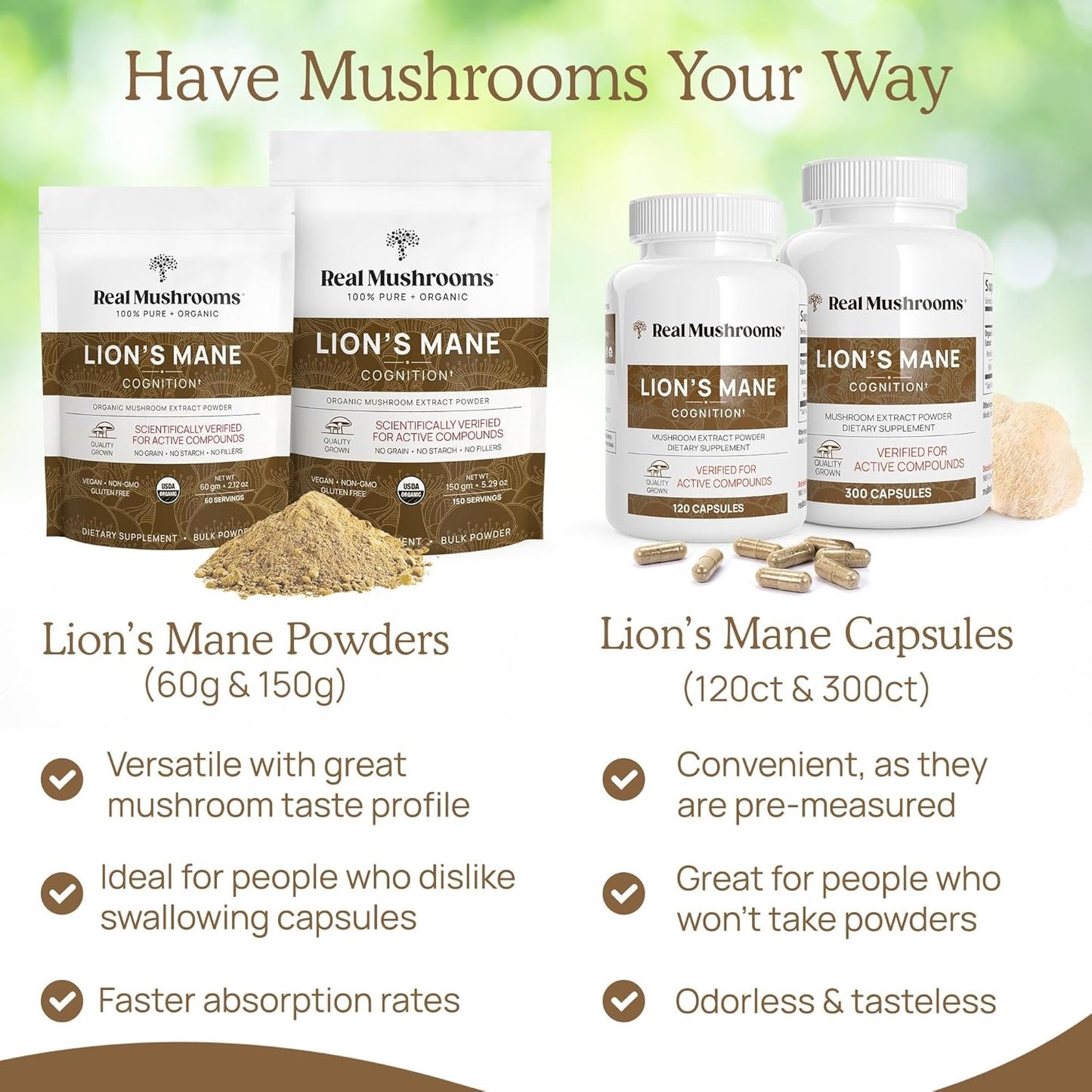 Real Mushrooms Lion’s Mane Supplement Capsules – Organic Lion’s Mane Extract for Cognitive Health & Overall Wellbeing – Vegan Beta Glucan Mushroom Supplement – 300 Count