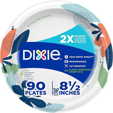Dixie Medium Paper Plates – 8.5″, 90-Count | 2X Stronger, Microwave-Safe, Soak-Proof & Cut-Resistant
