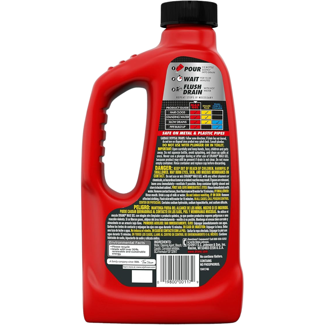 Drano Max Gel Drain Clog Remover & Cleaner – 32 oz Powerful Gel Formula for Shower, Sink & Household Drains – Unclogs Hair, Soap Scum & Blockages