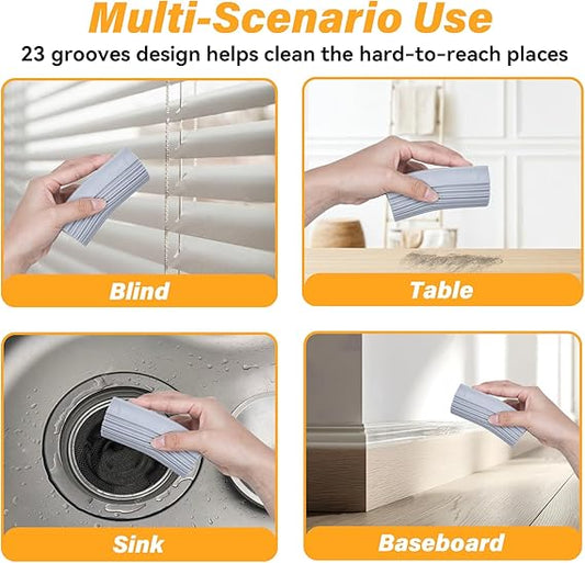 Cleaning tool with multiple uses on blinds, table, sink, and baseboard.