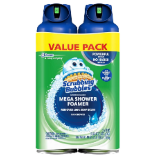 Two cans of Scrubbing Bubbles Mega Shower Foamer with a 'Value Pack' label on a white background.