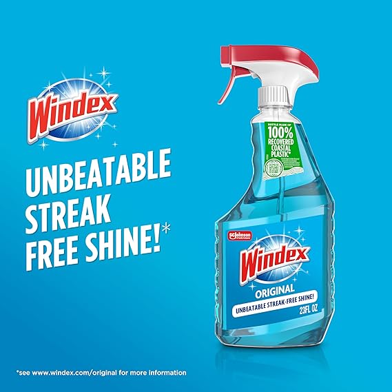 Windex Glass and Window Cleaner Spray – Original Blue Scent, 23 fl oz Leak-Resistant Bottle – Streak-Free Surface Cleaning Spray for Windows, Mirrors & Glass