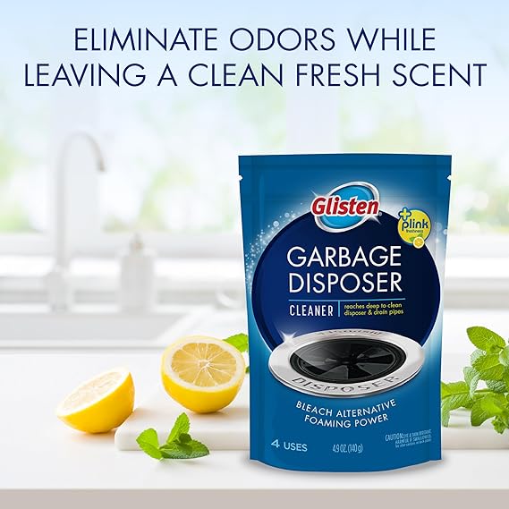 Glisten Garbage Disposer Cleaner & Freshener – Lemon Scent Odor Eliminator with Foaming Action, Sink Disposal Cleaner Made in USA, 4 Packets
