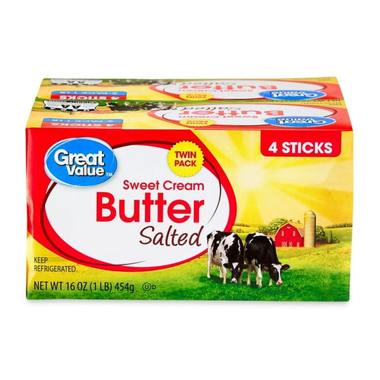Great Value Sweet Cream Salted Butter Twin Pack, 16 oz Box, 8 Sticks, Slow Churned, Refrigerated