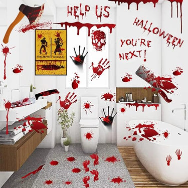 84-Pc Halloween Handprint & Footprint Stickers / Clings / Decals - Bloody Look for Windows, Walls, Floors, Bathroom & Doors
