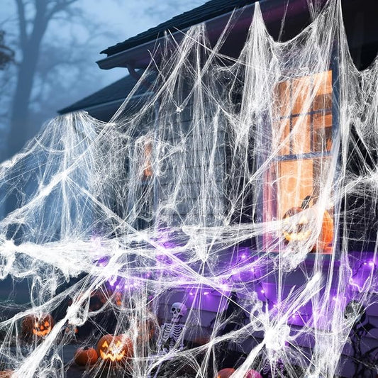 Land Guard 1000 sq ft Stretch Spider Web + 50 Fake Spiders | Indoor/Outdoor Halloween Cobweb Decor