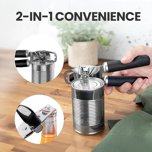 Zulay Kitchen Heavy-Duty Stainless Steel Can Opener with Bottle Opener — Soft-Grip Handles, Smooth Turn Knob, Rust-Proof Finish (Black)