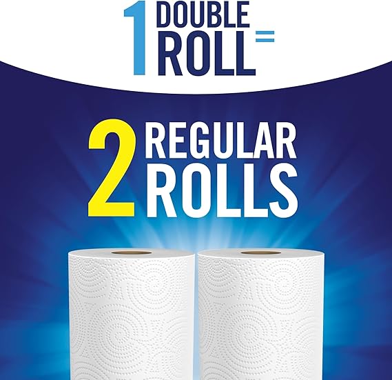 Two rolls of paper towels with text indicating one double roll equals two regular rolls on a blue background.