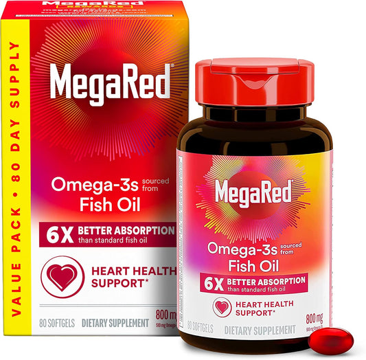 MegaRed 6X Advanced Absorption Omega 3 Fish Oil Supp.500mg 80 Softgels