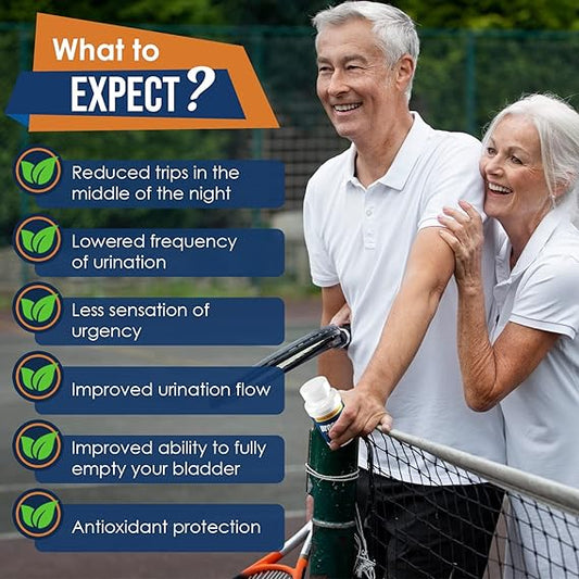 Two people holding a green bottle with text about expected benefits on a sports field.