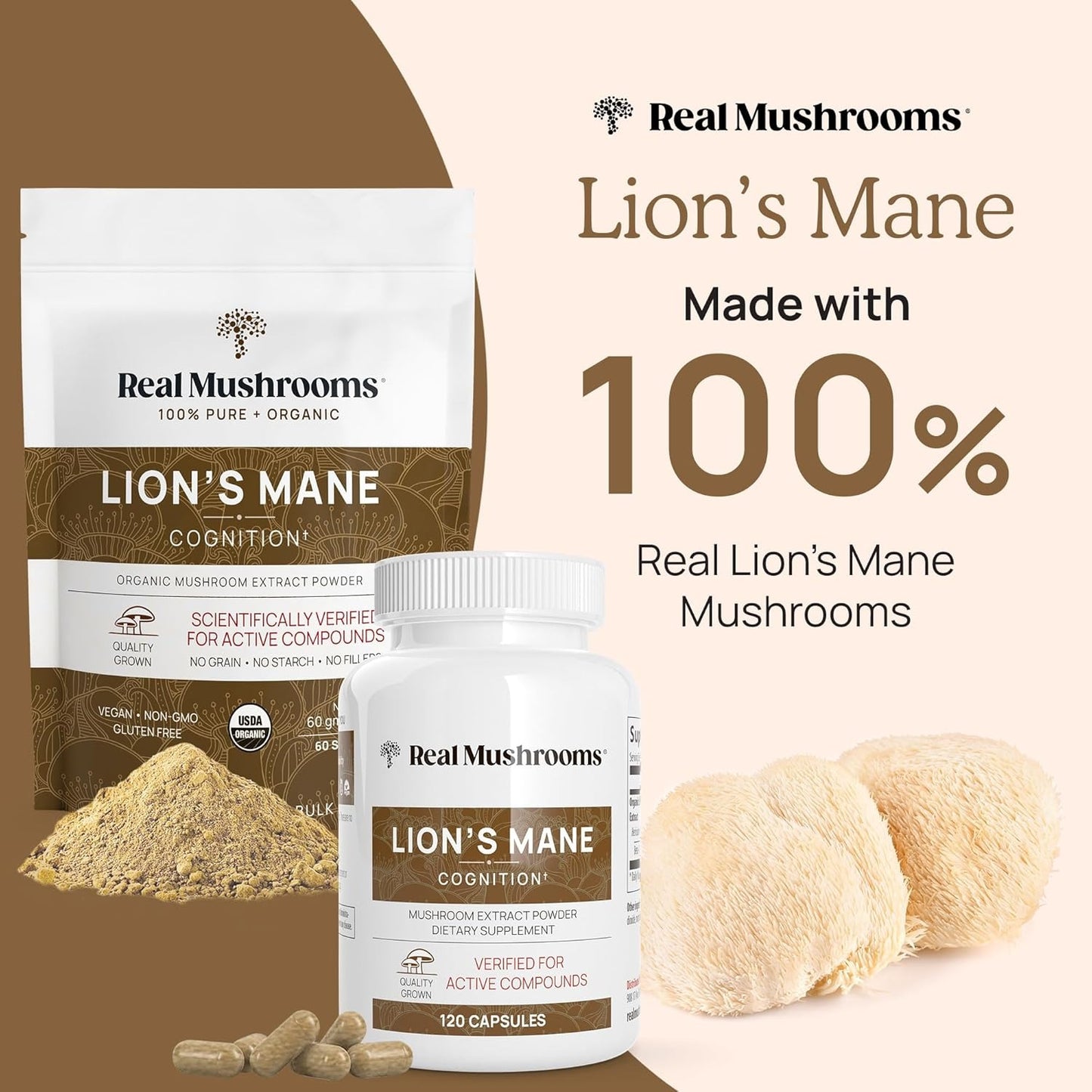 Real Mushrooms Lion’s Mane Supplement Capsules – Organic Lion’s Mane Extract for Cognitive Health & Overall Wellbeing – Vegan Beta Glucan Mushroom Supplement – 300 Count