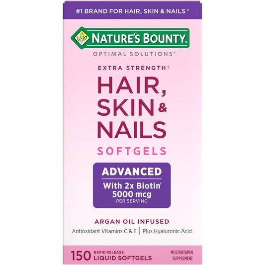 Nature's Bounty Advanced Hair, Skin & Nails, Argan-Infused Vitamin Supplement with Biotin and Hyaluronic Acid, 150 Rapid Release Softgels