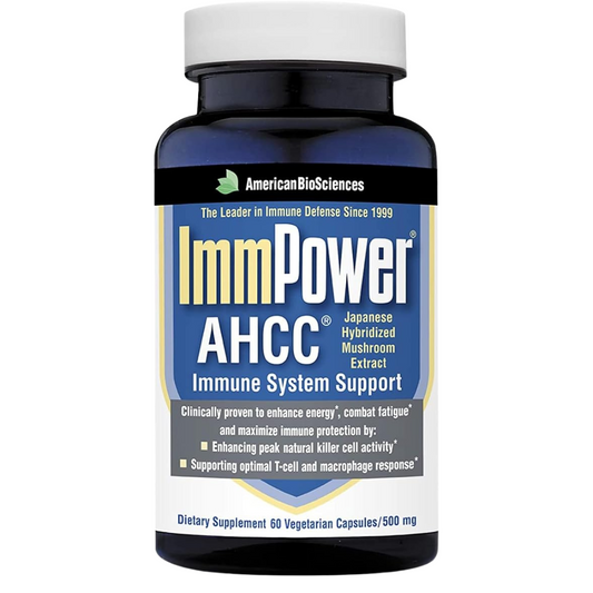 Supplement bottle labeled 'Immpower AHCC' by American BioSciences on a white background